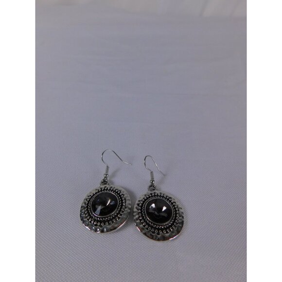 Boho Dangle Earrings Silver Tone Faceted Black Stone Statement Beaded Pierced Wo - Picture 1 of 7